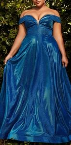 Plus size Metallic blue off shoulder lace up back formal evening ball gown